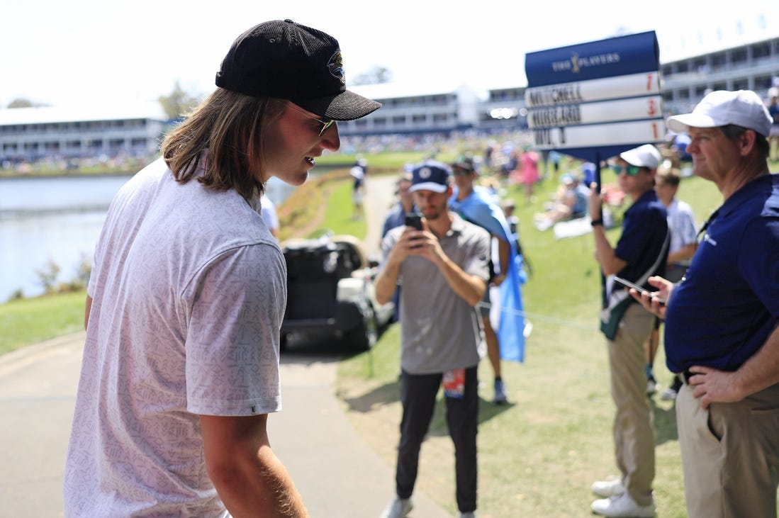 Jacksonville Jaguars quarterback Trevor Lawrence walks off hole 17 during the second round of The Players Championship PGA golf tournament Friday, March 15, 2024 at TPC Sawgrass in Ponte Vedra Beach, Fla. [Corey Perrine/Florida Times-Union]