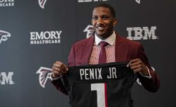 Apr 26, 2024; Flowery Branch, GA, USA; Atlanta Falcons first round draft pick quarterback Michael Penix Jr talks to the media at a press conference introducing him at the Falcons training complex. Mandatory Credit: Dale Zanine-USA TODAY Sports