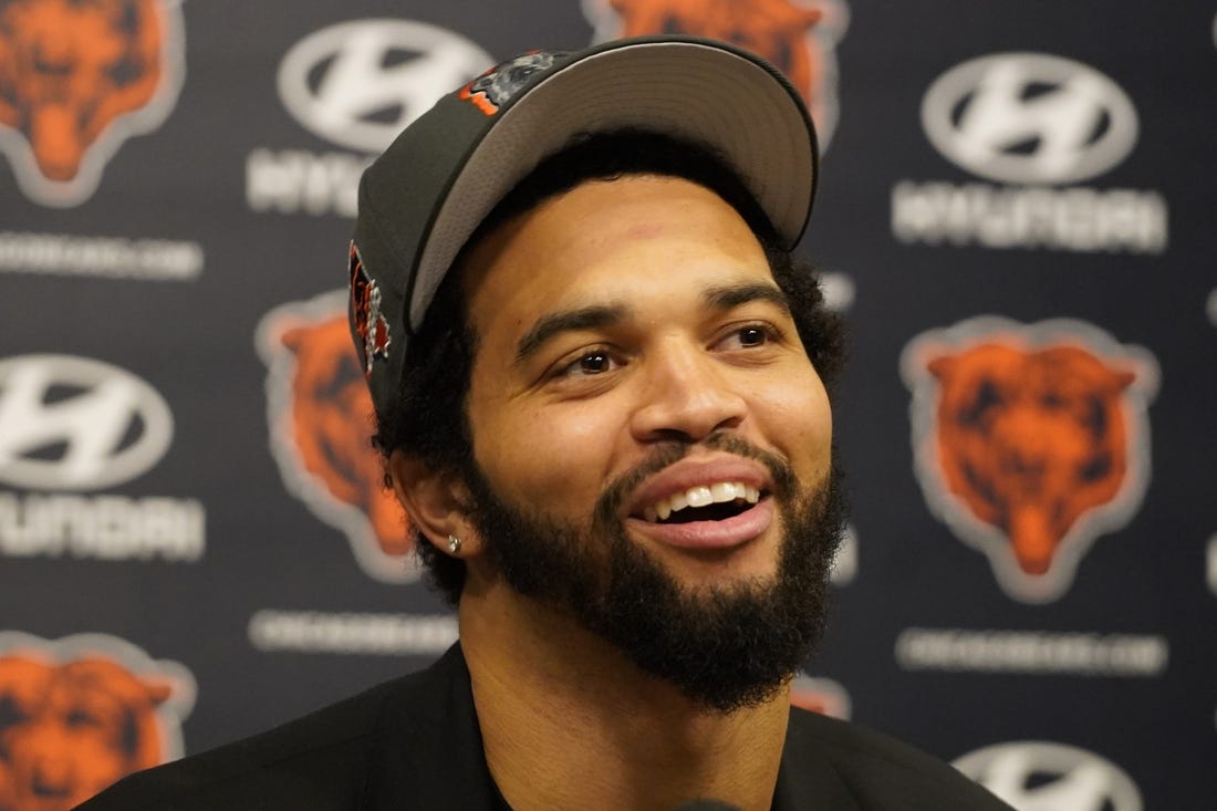 Apr 26, 2024; Lake Forest, IL, USA; Chicago Bears number one draft choice Caleb Williams  at a press conference at Halas Hall. Mandatory Credit: David Banks-USA TODAY Sports